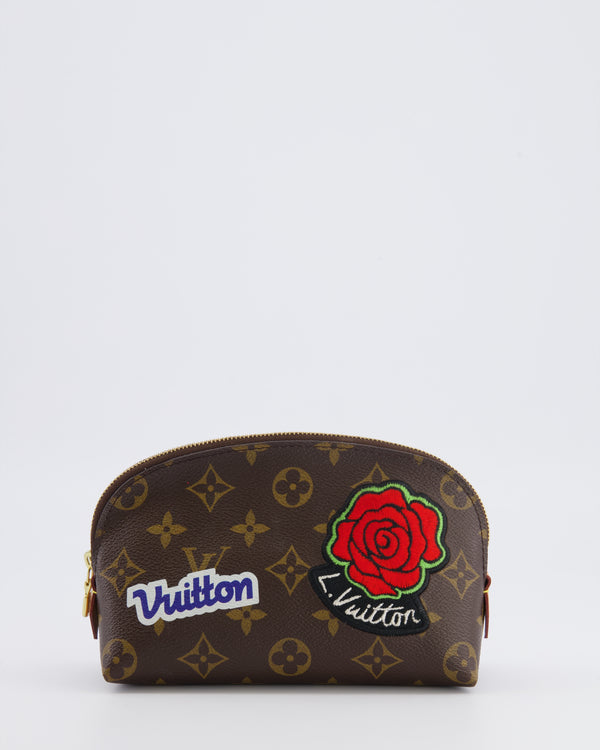 Lous Vuitton Brown Monogram LV Story Pochette Cosmetic PM Pouch Bag with Embroidered Rose and Pink and Blue Logo Prints
