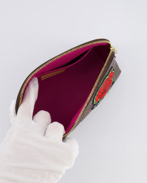 Lous Vuitton Brown Monogram LV Story Pochette Cosmetic PM Pouch Bag with Embroidered Rose and Pink and Blue Logo Prints