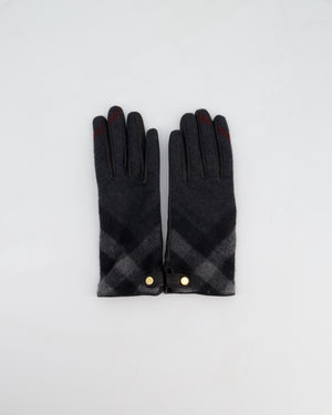Burberry Black Leather Gloves with Blue Cashmere Plaid Lining Size 7