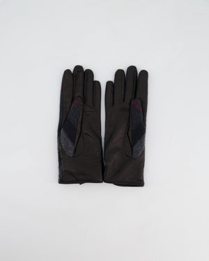 Burberry Black Leather Gloves with Blue Cashmere Plaid Lining Size 7