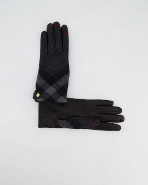 Burberry Black Leather Gloves with Blue Cashmere Plaid Lining Size 7