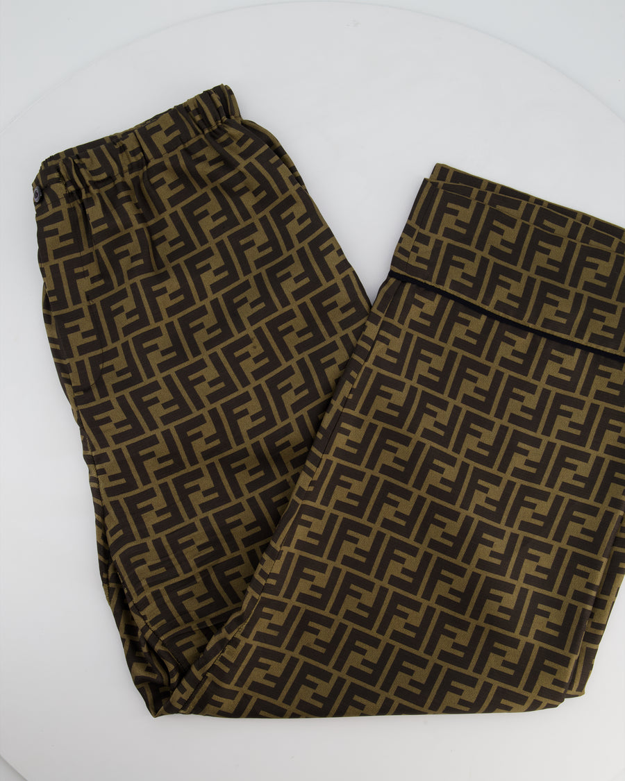 (NEEDS DRY CLEANING AFTER SHOOT) Fendi FF-Motif Printed Trousers in Brown Silk Size IT 38 (UK 6)