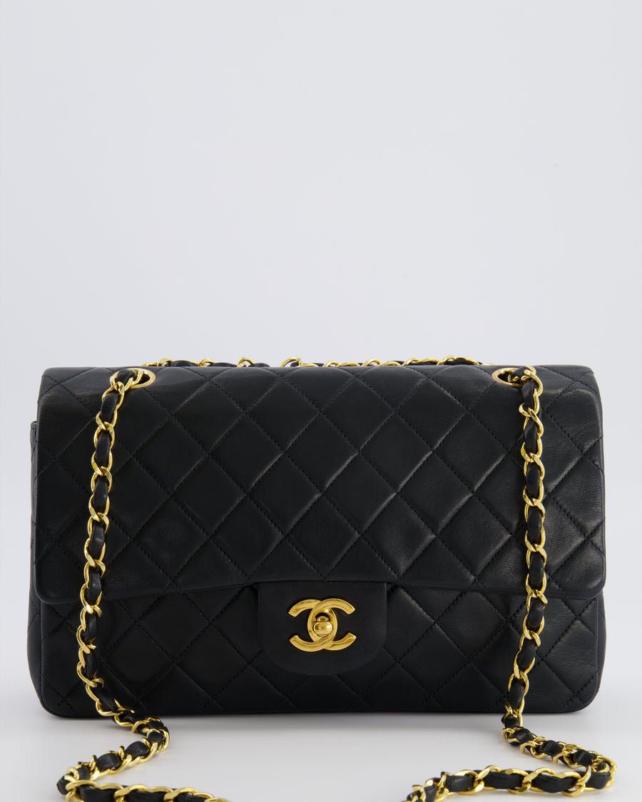 Chanel Black Vintage Classic Medium Double Flap Bag in Lambskin Leather with 24k Gold Hardware