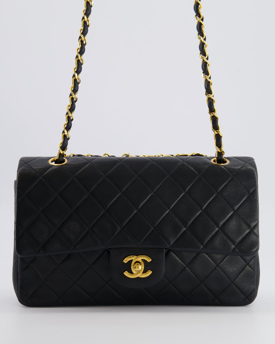 Chanel Black Vintage Classic Medium Double Flap Bag in Lambskin Leather with 24k Gold Hardware