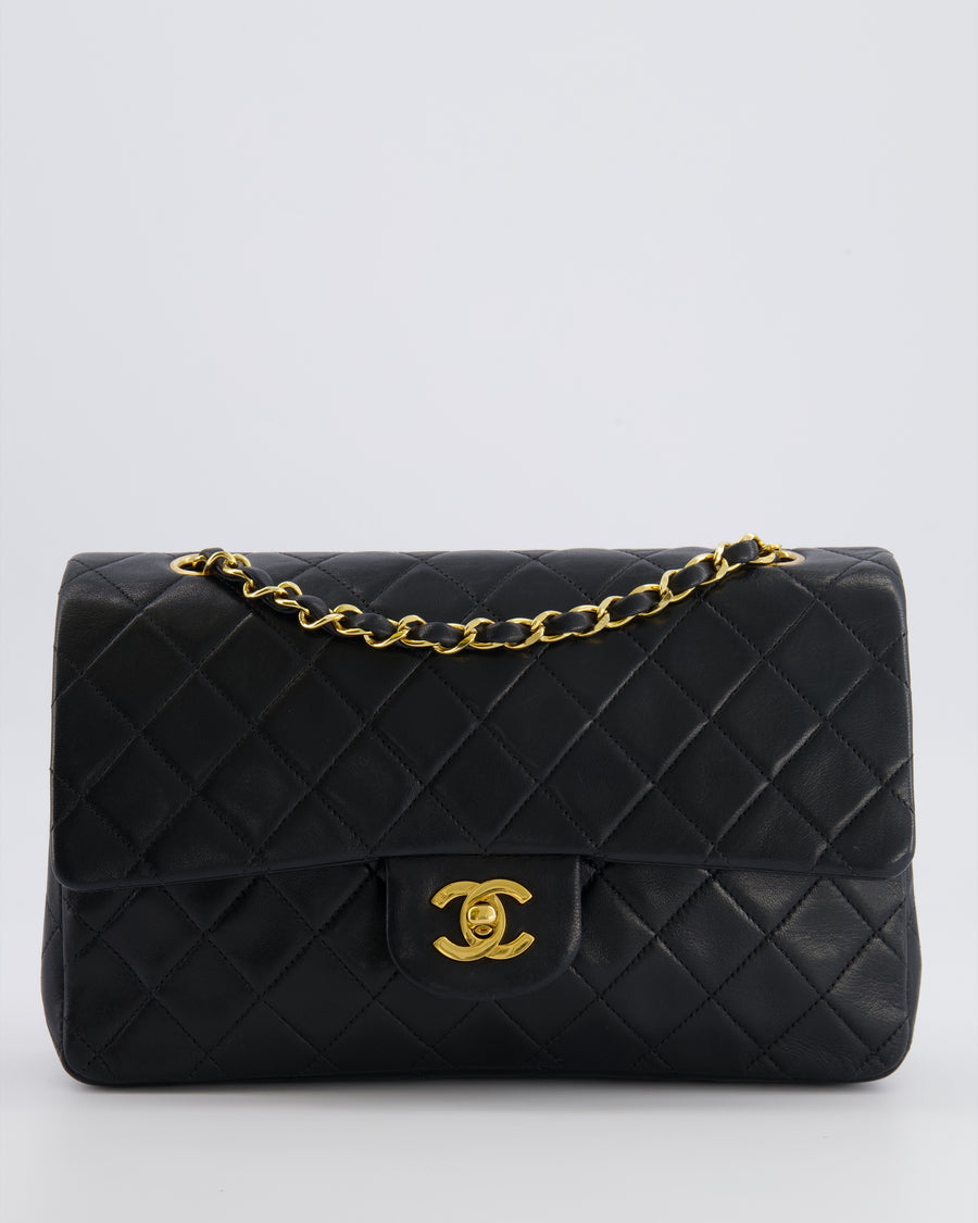 Chanel Black Vintage Classic Medium Double Flap Bag in Lambskin Leather with 24k Gold Hardware