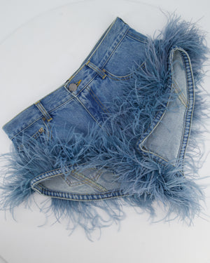 AREA Blue Denim High-Waisted Shorts with Feather Trim Detail Size FR 36 (UK 8)
