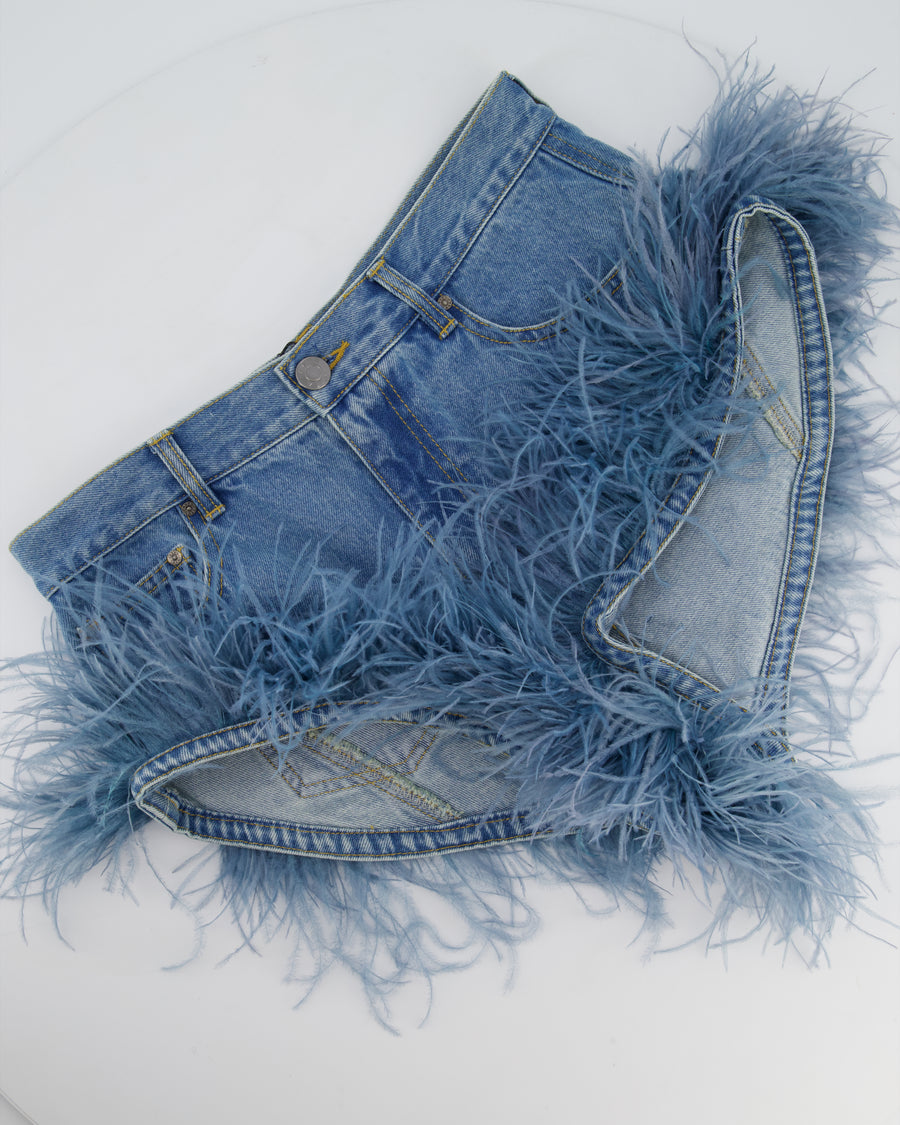 AREA Blue Denim High-Waisted Shorts with Feather Trim Detail Size FR 36 (UK 8)