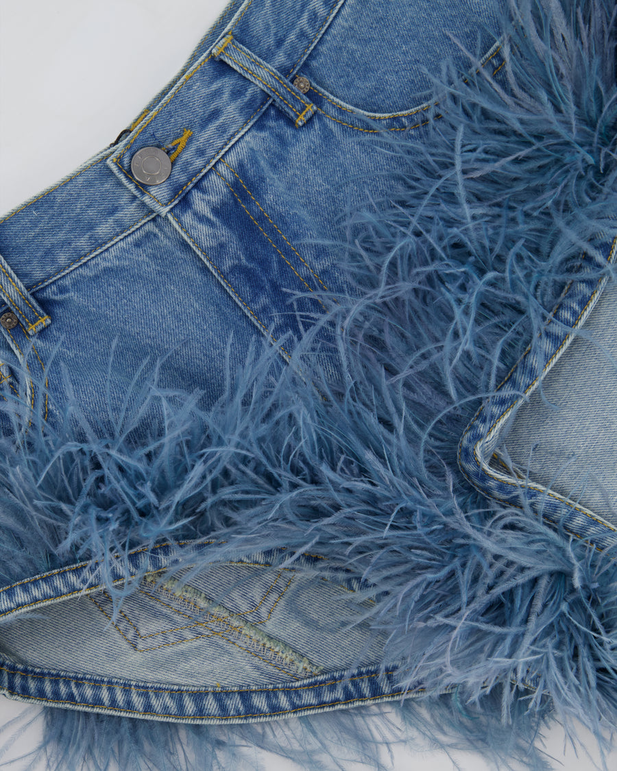 AREA Blue Denim High-Waisted Shorts with Feather Trim Detail Size FR 36 (UK 8)