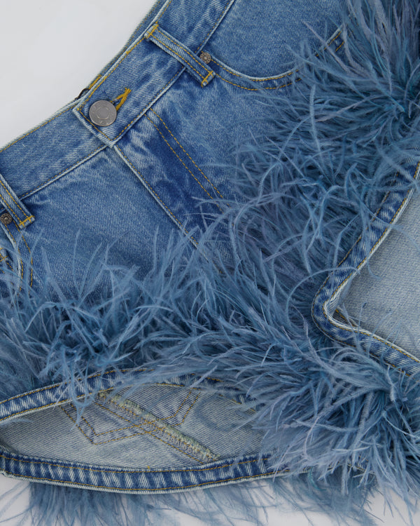 AREA Blue Denim High-Waisted Shorts with Feather Trim Detail Size FR 36 (UK 8)