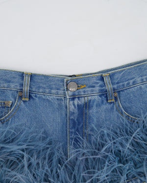 AREA Blue Denim High-Waisted Shorts with Feather Trim Detail Size FR 36 (UK 8)