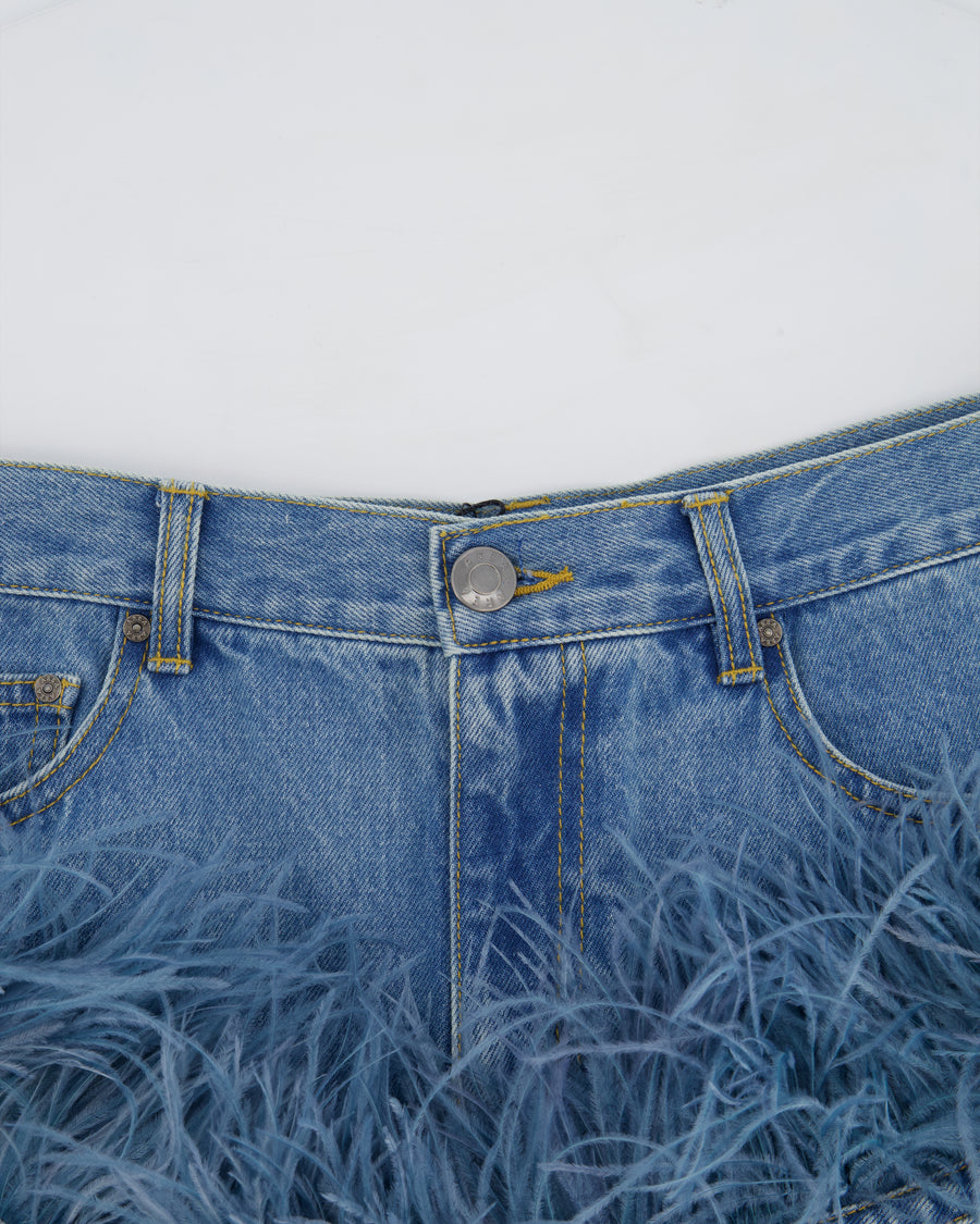 AREA Blue Denim High-Waisted Shorts with Feather Trim Detail Size FR 36 (UK 8)