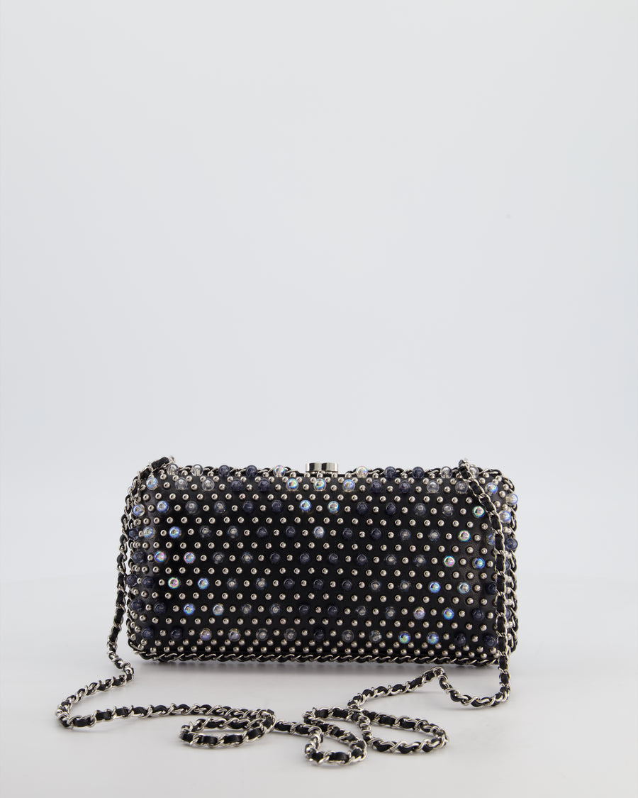 Chanel Black Beaded Clutch Bag with Chain Detailing and Long Shoulder Strap