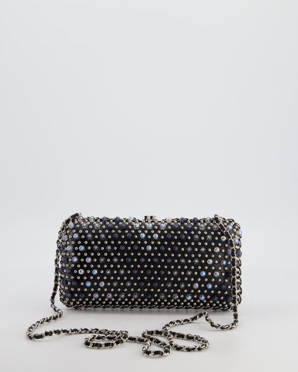 Chanel Black Beaded Clutch Bag with Chain Detailing and Long Shoulder Strap