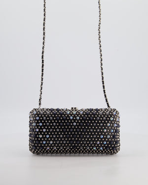 Chanel Black Beaded Clutch Bag with Chain Detailing and Long Shoulder Strap
