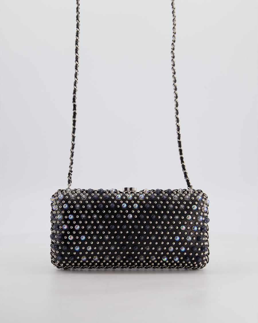 Chanel Black Beaded Clutch Bag with Chain Detailing and Long Shoulder Strap