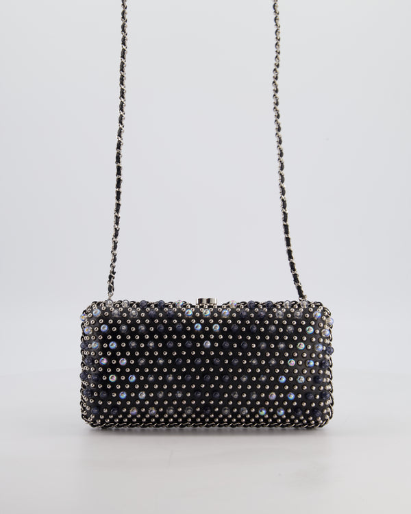 Chanel Black Beaded Clutch Bag with Chain Detailing and Long Shoulder Strap
