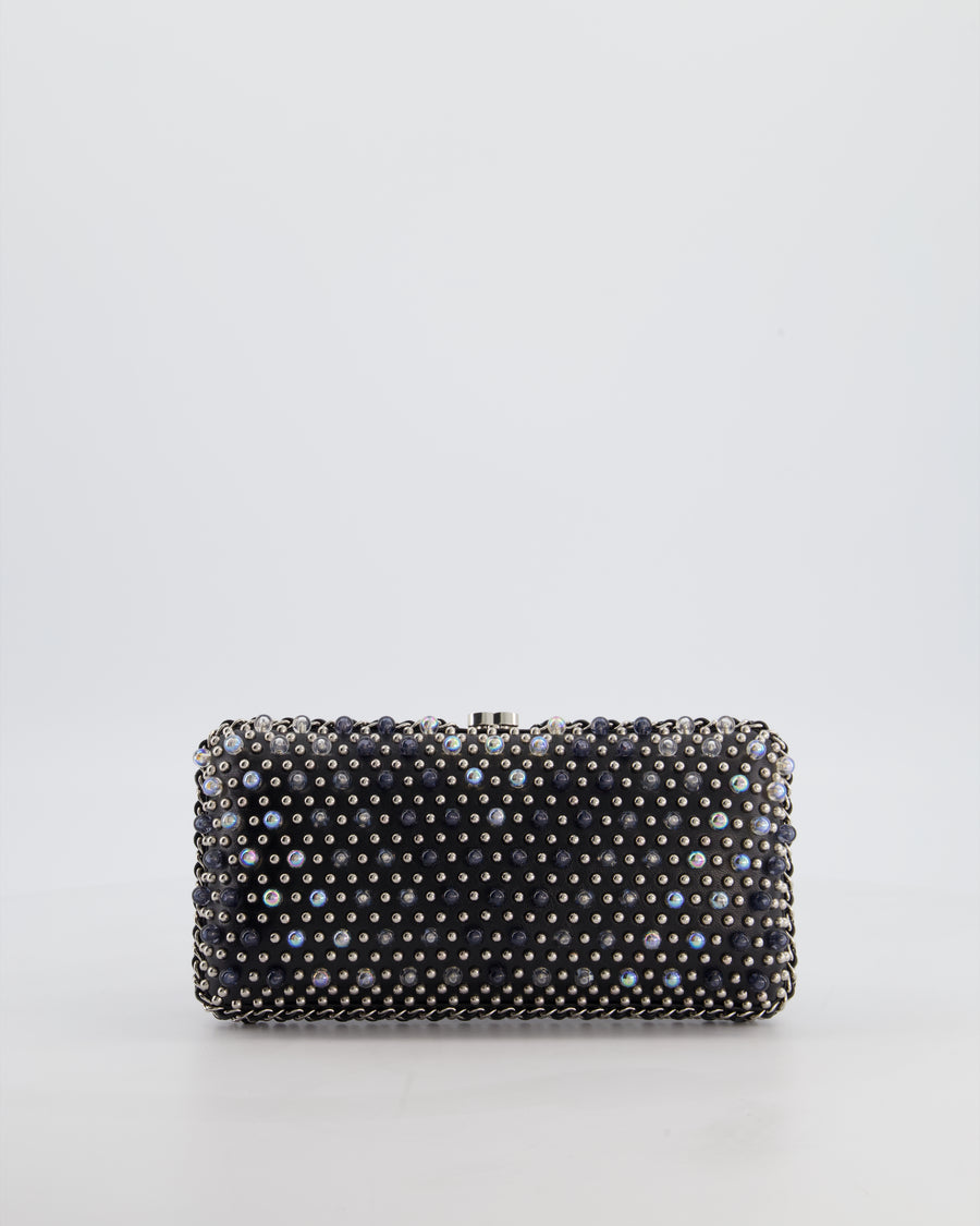 Chanel Black Beaded Clutch Bag with Chain Detailing and Long Shoulder Strap