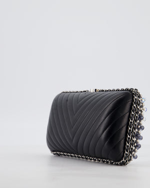 Chanel Black Beaded Clutch Bag with Chain Detailing and Long Shoulder Strap