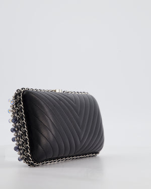 Chanel Black Beaded Clutch Bag with Chain Detailing and Long Shoulder Strap
