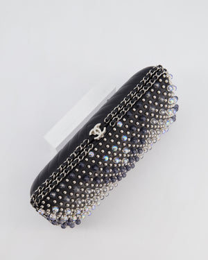 Chanel Black Beaded Clutch Bag with Chain Detailing and Long Shoulder Strap