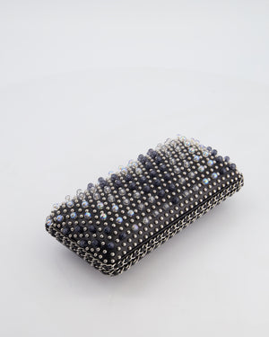Chanel Black Beaded Clutch Bag with Chain Detailing and Long Shoulder Strap