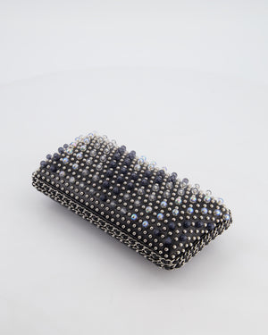 Chanel Black Beaded Clutch Bag with Chain Detailing and Long Shoulder Strap