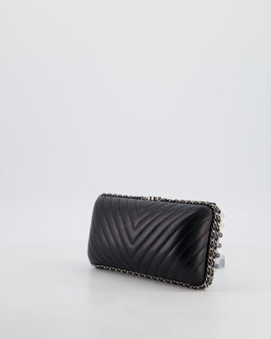 Chanel Black Beaded Clutch Bag with Chain Detailing and Long Shoulder Strap