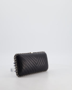 Chanel Black Beaded Clutch Bag with Chain Detailing and Long Shoulder Strap