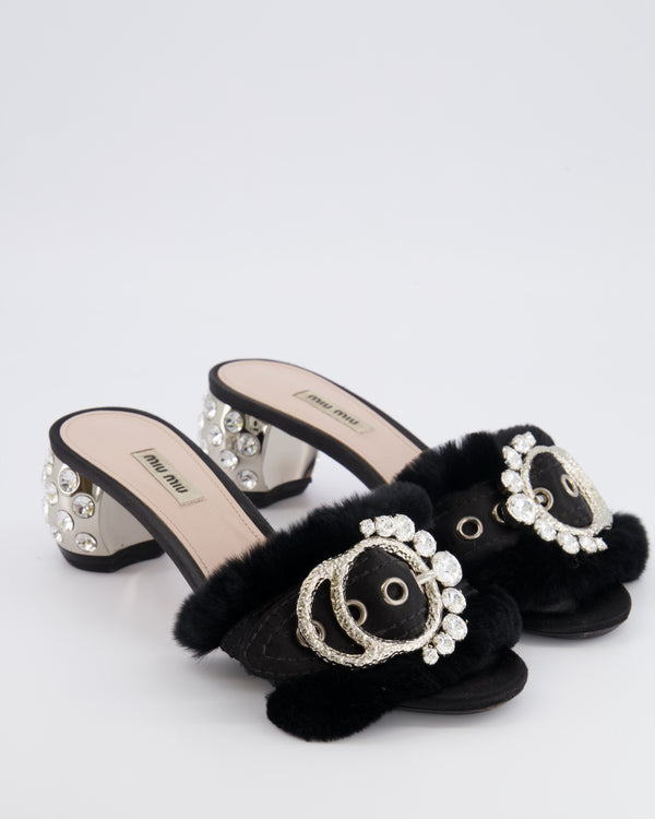 Miu Miu Black Satin and Rabbit Fur Heeled Mules with Silver Metallic and Crystal Embellishments Size EU 40