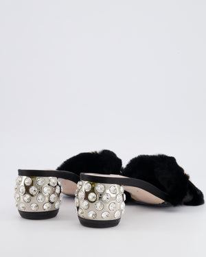 Miu Miu Black Satin and Rabbit Fur Heeled Mules with Silver Metallic and Crystal Embellishments Size EU 40