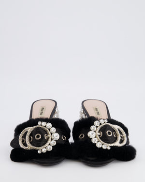 Miu Miu Black Satin and Rabbit Fur Heeled Mules with Silver Metallic and Crystal Embellishments Size EU 40