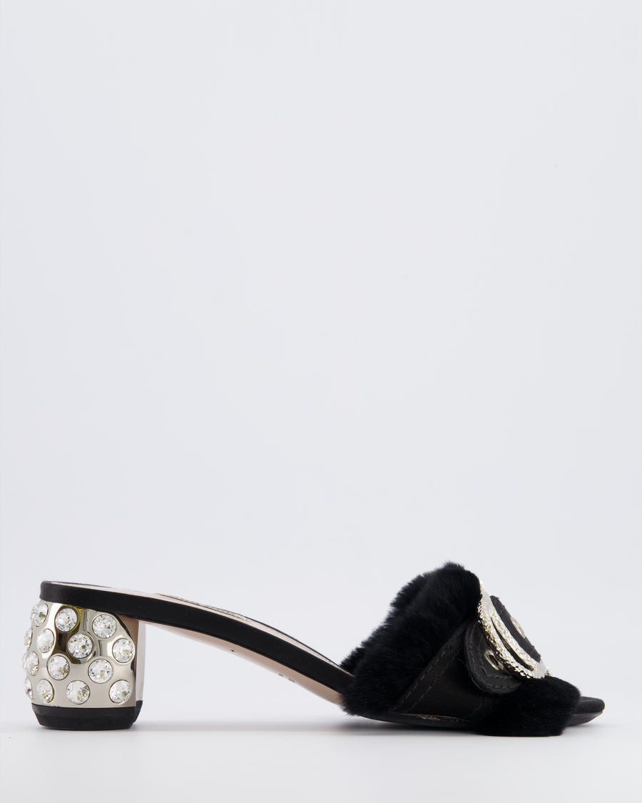 Miu Miu Black Satin and Rabbit Fur Heeled Mules with Silver Metallic and Crystal Embellishments Size EU 40