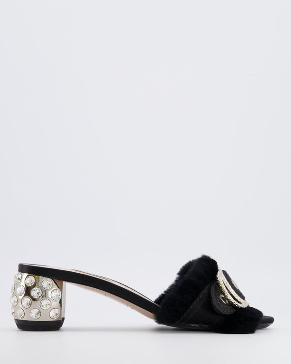 Miu Miu Black Satin and Rabbit Fur Heeled Mules with Silver Metallic and Crystal Embellishments Size EU 40