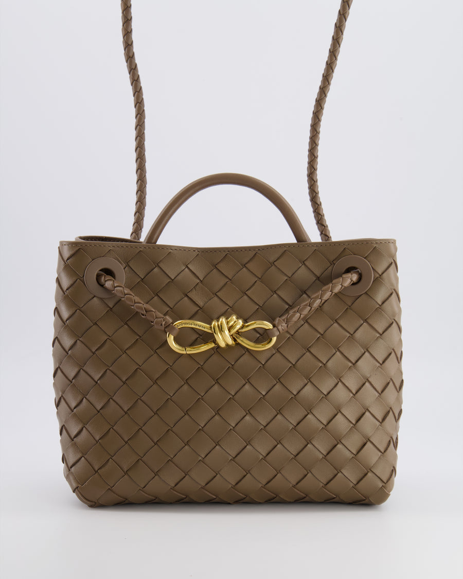 Bottega Veneta Small Andiamo Bag in Taupe Intrecciato Leather with Gold Hardware