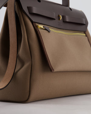 Hermès Herbag 31 Zip Bag in Etoupe Toile Canvas, Fauve Vache Hunter Leather with Gold Hardware