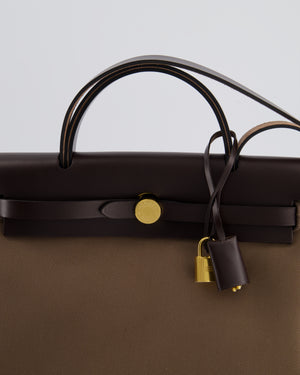Hermès Herbag 31 Zip Bag in Etoupe Toile Canvas, Fauve Vache Hunter Leather with Gold Hardware