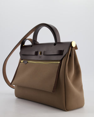 Hermès Herbag 31 Zip Bag in Etoupe Toile Canvas, Fauve Vache Hunter Leather with Gold Hardware