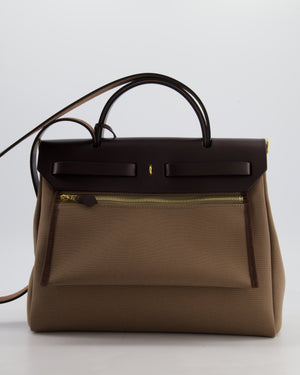 Hermès Herbag 31 Zip Bag in Etoupe Toile Canvas, Fauve Vache Hunter Leather with Gold Hardware