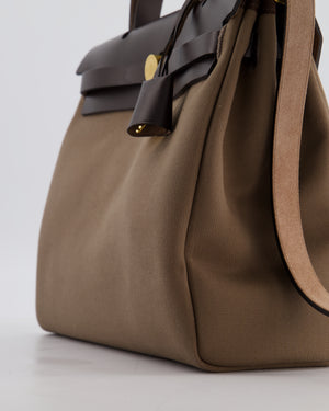 Hermès Herbag 31 Zip Bag in Etoupe Toile Canvas, Fauve Vache Hunter Leather with Gold Hardware