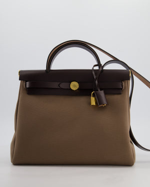 Hermès Herbag 31 Zip Bag in Etoupe Toile Canvas, Fauve Vache Hunter Leather with Gold Hardware