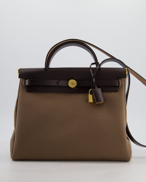 Hermès Herbag 31 Zip Bag in Etoupe Toile Canvas, Fauve Vache Hunter Leather with Gold Hardware
