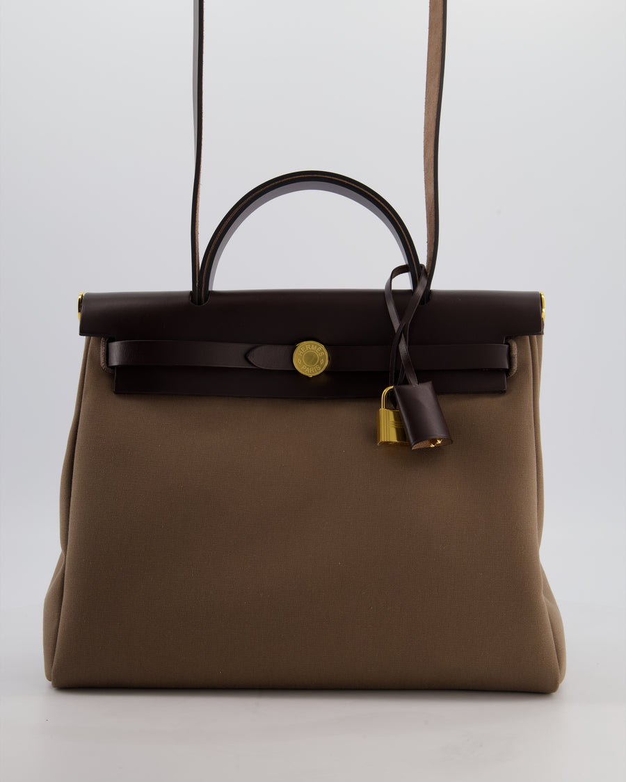 Hermès Herbag 31 Zip Bag in Etoupe Toile Canvas, Fauve Vache Hunter Leather with Gold Hardware