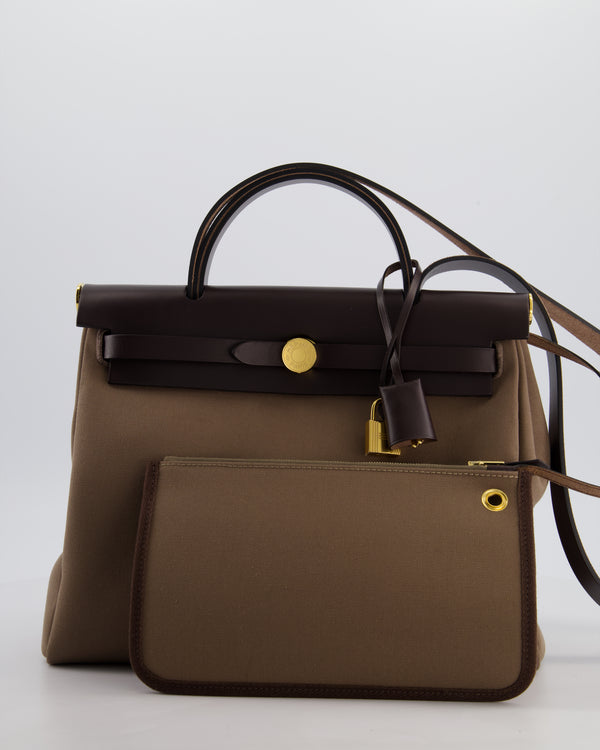 Hermès Herbag 31 Zip Bag in Etoupe Toile Canvas, Fauve Vache Hunter Leather with Gold Hardware