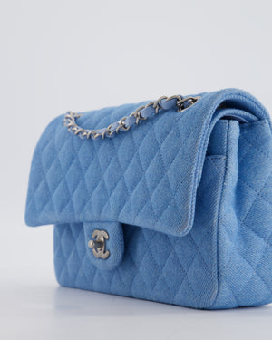 Chanel Medium Double Flap Bag in Light Blue Denim with Brushed Silver Hardware