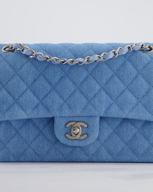 Chanel Medium Double Flap Bag in Light Blue Denim with Brushed Silver Hardware