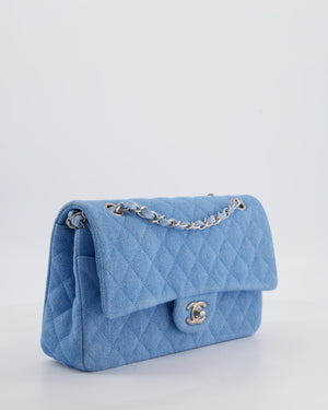 Chanel Medium Double Flap Bag in Light Blue Denim with Brushed Silver Hardware