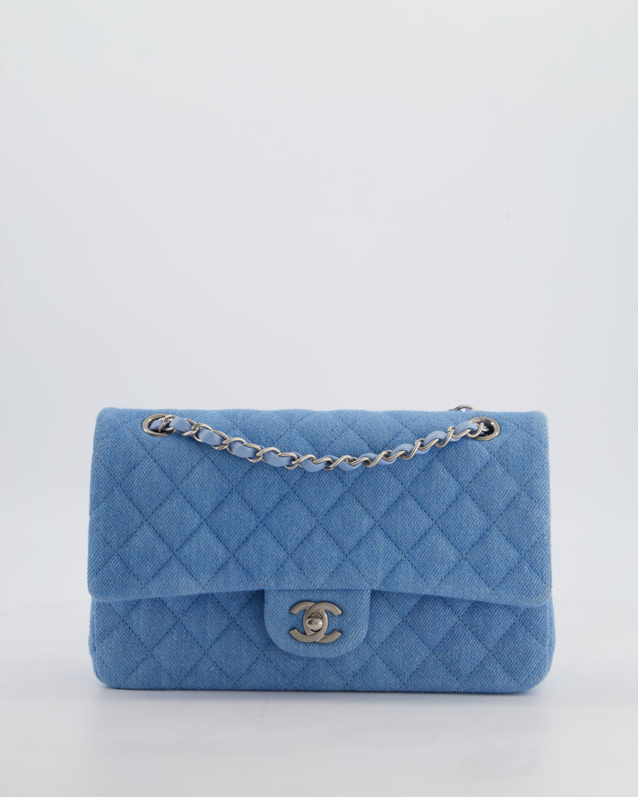 Chanel Medium Double Flap Bag in Light Blue Denim with Brushed Silver Hardware