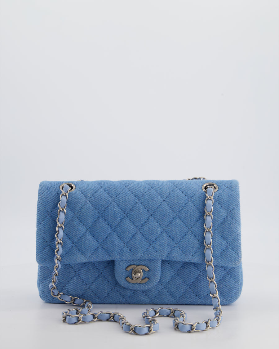 Chanel Medium Double Flap Bag in Light Blue Denim with Brushed Silver Hardware