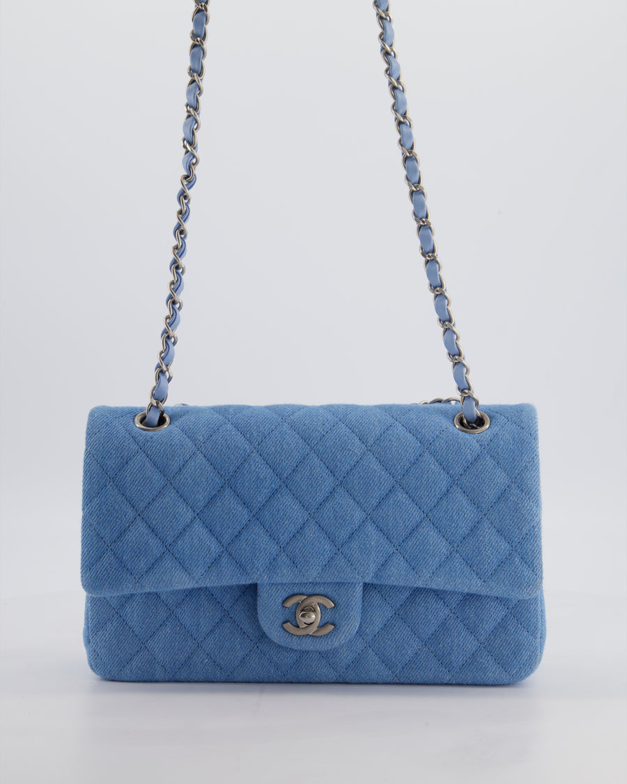 Chanel Medium Double Flap Bag in Light Blue Denim with Brushed Silver Hardware