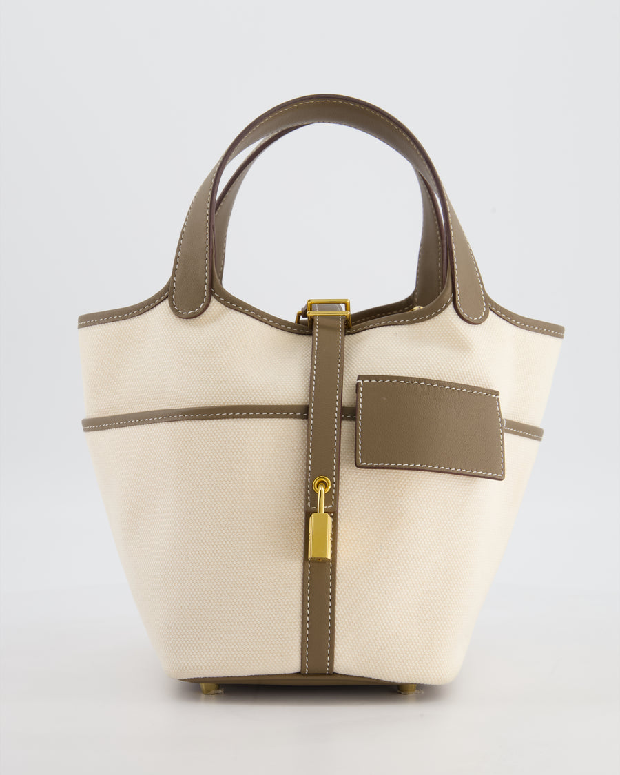 Hermes Picotin 18 Cargo in Ecru Canvas & Etoupe Swift Leather with Gold Hardware